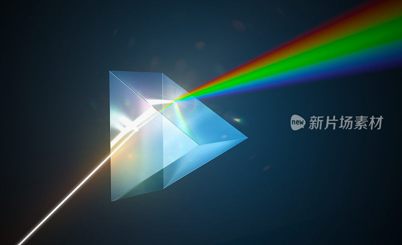 光的色散和折射概念。光线透过三角形的玻璃棱镜。3 d渲染插图。